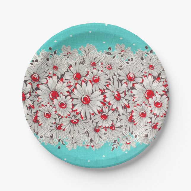 50s Vintage Border Print Daisies Paper Plate (Front)