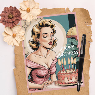 50s Vintage Retro Blonde Woman & Birthday Cake Postcard