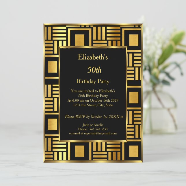 50t Art Deco Birthday Party Gold Black  Invitation (Standing Front)