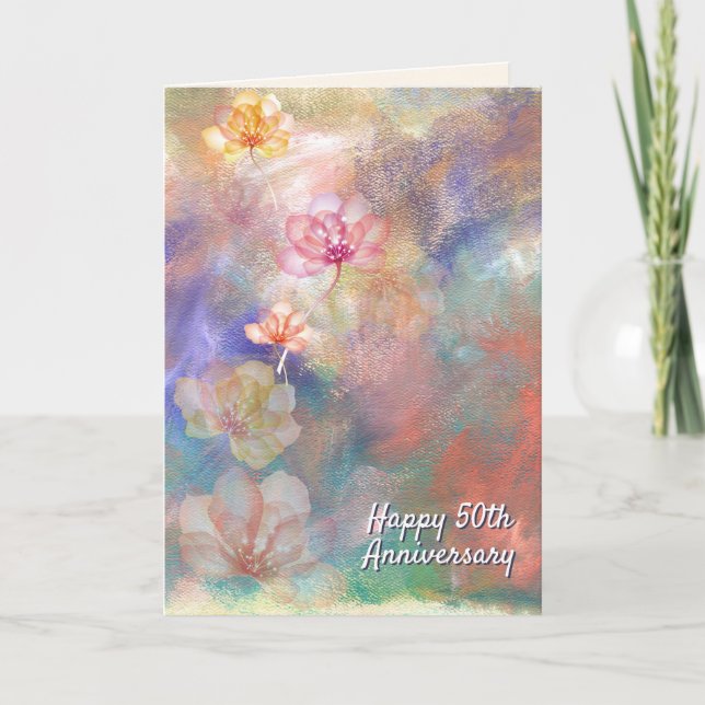 50th Anniversary Abstract Paint and Flowers  Card (Front)