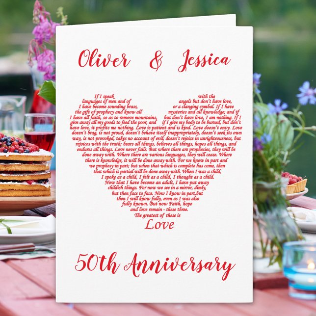 50th Anniversary Bible Quote 1 Corinthians 13 Love Card (Christian 50th wedding anniversary greetings card with love bible quote 1 Corinthians 13 heart)