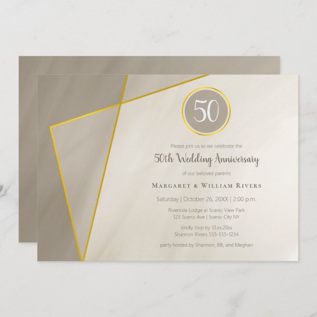 50th anniversary birthday antique grey gold frame invitation (Front/Back)