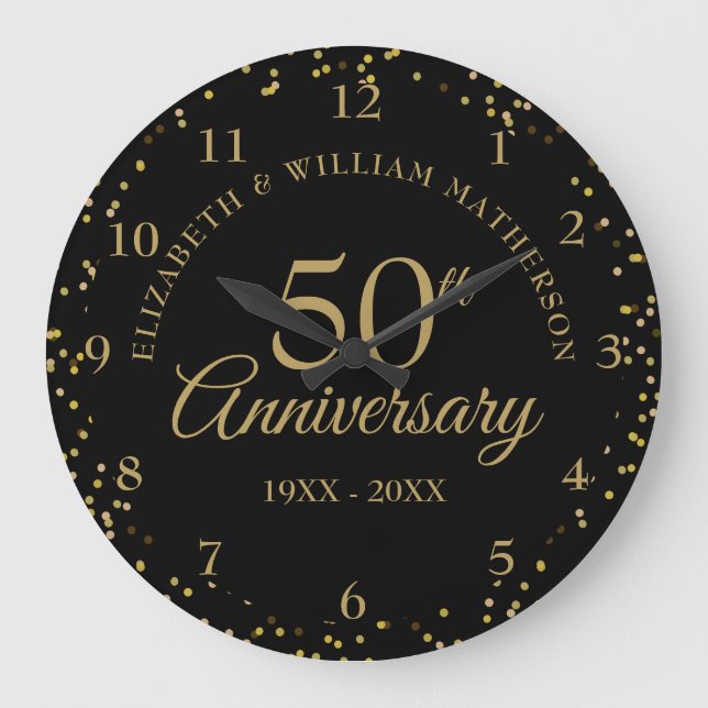 50th Anniversary Black And Gold Dust Confetti  Large Clock (Front)
