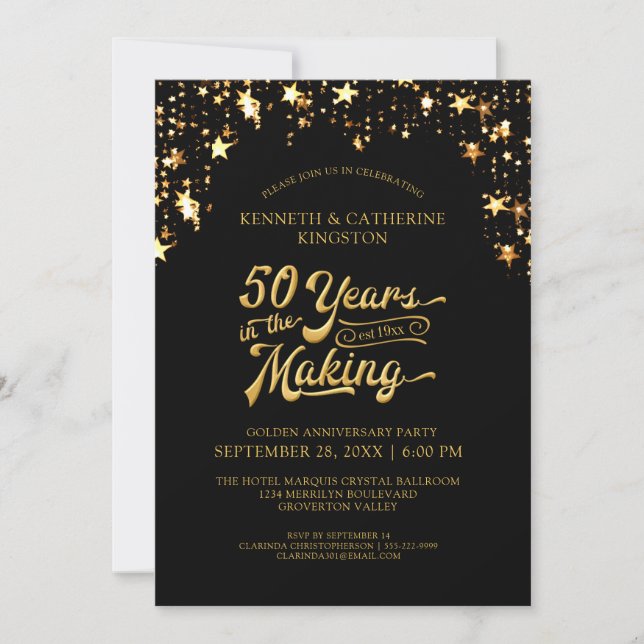 50th Anniversary Black & Gold Stars 50 YEARS Invitation (Front)