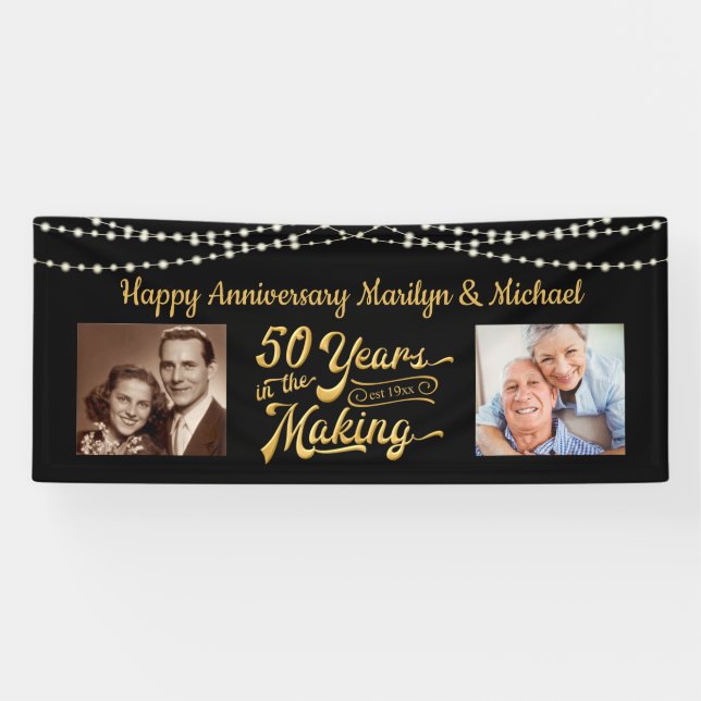 50th Anniversary Black Gold String Lights Photos Banner (Horizontal)