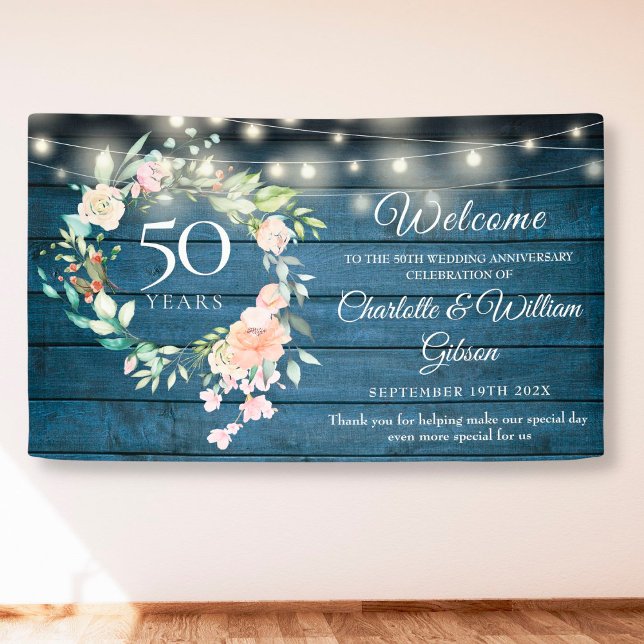 50th Anniversary Blue Rustic Floral Lights Welcome Banner (Creator Uploaded)