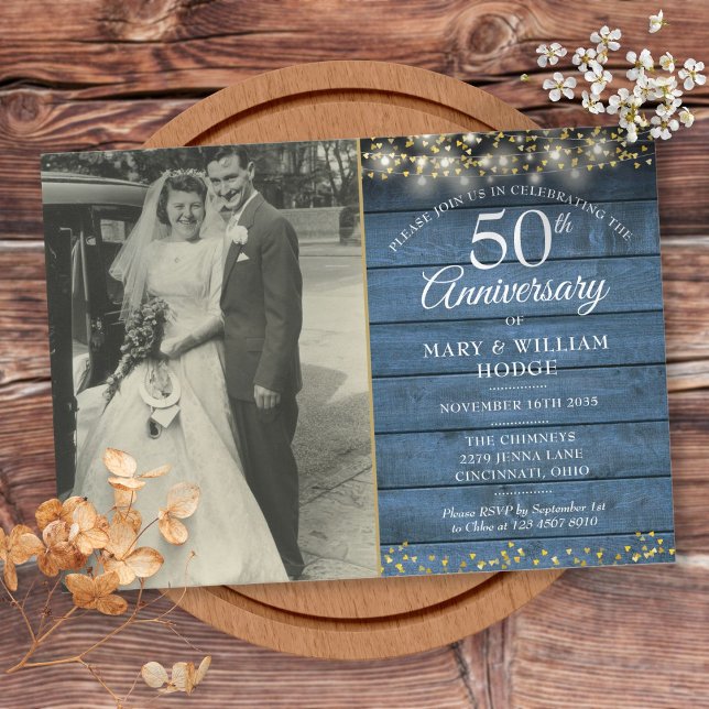 50th Anniversary Blue Rustic Gold Hearts Photo Invitation (Creator Uploaded)