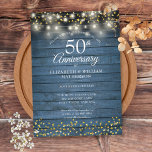50th Anniversary Blue Rustic Wood Gold Hearts Invitation<br><div class="desc">Featuring pretty string lights and delicate golden love hearts confetti on a blue rustic wood panels background. Personalise with your special fifty years golden anniversary information in chic lettering. Designed by Thisisnotme©</div>