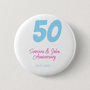 50th anniversary bold blue pink name date elegant 6 cm round badge