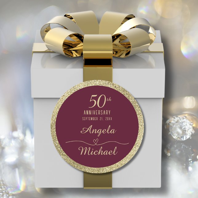 50th Anniversary Burgundy Gold Glitter Script  Classic Round Sticker (Creator Uploaded)