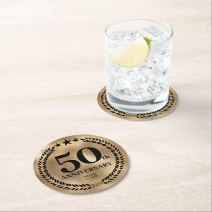 50th Anniversary Business Logo Gold Round Paper Coaster