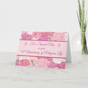 50th Anniversary Catholic Nun Peonies Flowers, Pin Card