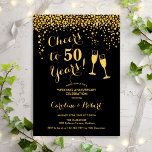 50th Anniversary - Cheers to 50 Years Gold Black Invitation<br><div class="desc">Golden 50th wedding anniversary invitation. Cheers to 50 Years! Elegant design in black and gold. Features champagne glasses, script font and confetti. Perfect for a stylish celebration of 50 years of marriage. Printed Zazzle invitations or instant download digital template. Can be customised to show any year! Personalise with your own...</div>
