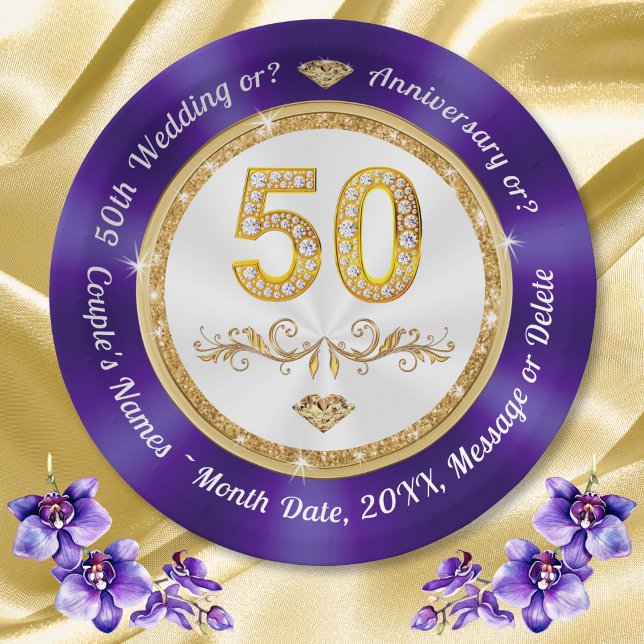 50th Anniversary Dessert Plates or Dinner 9 inch,  (50th wedding anniversary paper plates. Golden anniversary party supplies. Purple 50th anniversary.)