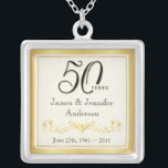 50th Anniversary Elegant Commemorative Pendant<br><div class="desc">50th Anniversary Keepsake Necklace -- Elegant Golden 50th Wedding Anniversary Pendant with formal script and scrolled antique design -- Customise the names and date for your happy celebration. Perfect gift for your wife, mother, grandmother to commemorate 50 Golden Years together. Matching cards, invitations, postage and gifts available. Other styles and...</div>