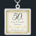 50th Anniversary Elegant Commemorative Pendant<br><div class="desc">50th Anniversary Keepsake Necklace -- Elegant Golden 50th Wedding Anniversary Pendant with formal script and scrolled antique design -- Customise the names and date for your happy celebration. Perfect gift for your wife, mother, grandmother to commemorate 50 Golden Years together. Matching cards, invitations, postage and gifts available. Other styles and...</div>