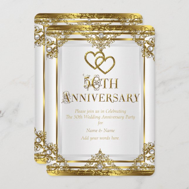 50th Anniversary Elegant Gold White Pearl Invitation (Front/Back)