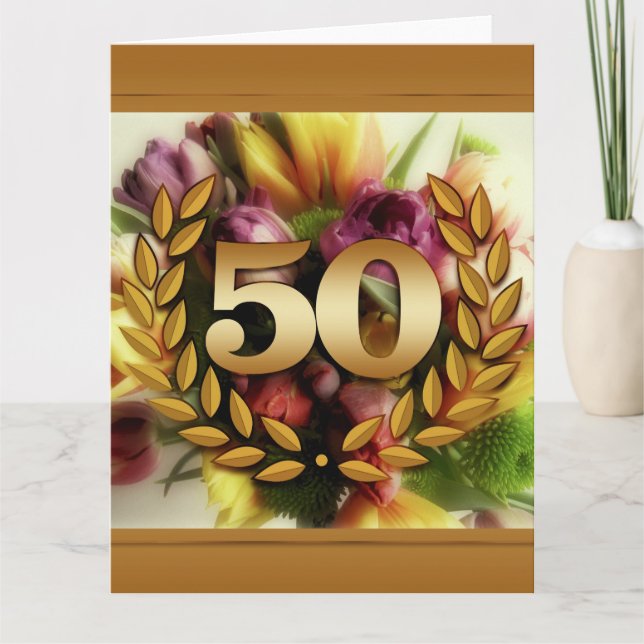 50th anniversary floral illustration golden frame card (Front)