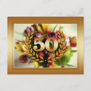 50th anniversary floral illustration golden frame postcard