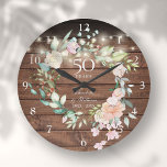 50th Anniversary Floral Rustic Wood String Lights Large Clock<br><div class="desc">Featuring a delicate watercolor floral garland and pretty string lights on a rustic wood background,  this chic botanical 50th wedding anniversary clock can be personalised with your special golden anniversary details set in elegant typography. Designed by Thisisnotme©</div>