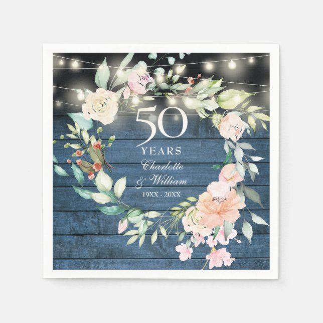 50th Anniversary Floral String Lights Blue Rustic Napkin (Front)