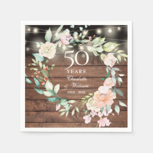 50th Anniversary Floral String Lights Rustic Wood Napkin