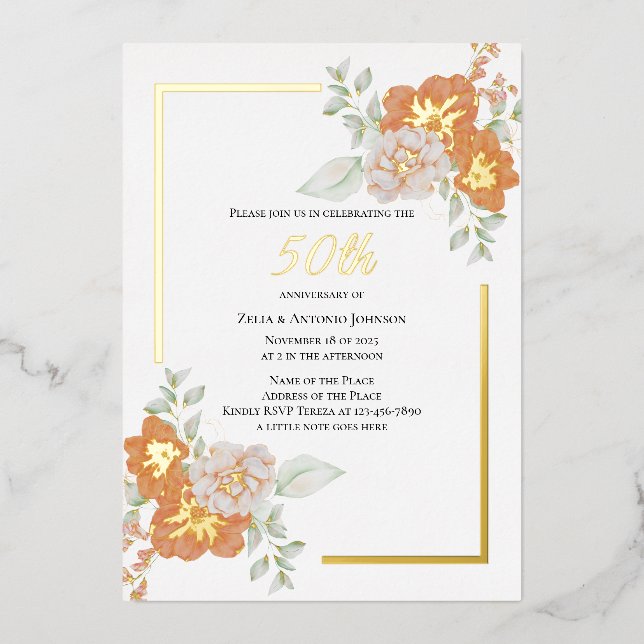 50th Anniversary Floral Wreath Foil Invitation (Front)