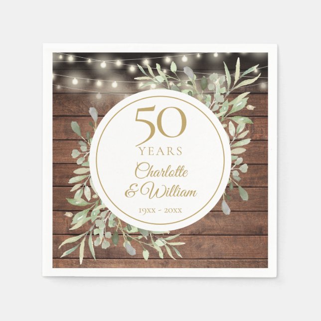 50th Anniversary Foliage Rustic Wood String Lights Napkin (Front)
