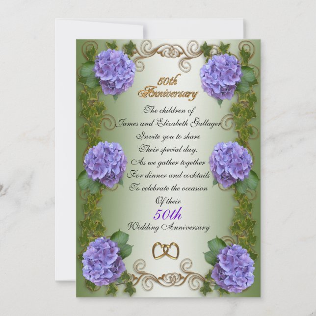 "50th Anniversary"  for parents, hydrangea floral Invitation (Front)