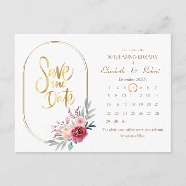 50th Anniversary Frame gold The Date Calendar Announcement Postcard (Front)