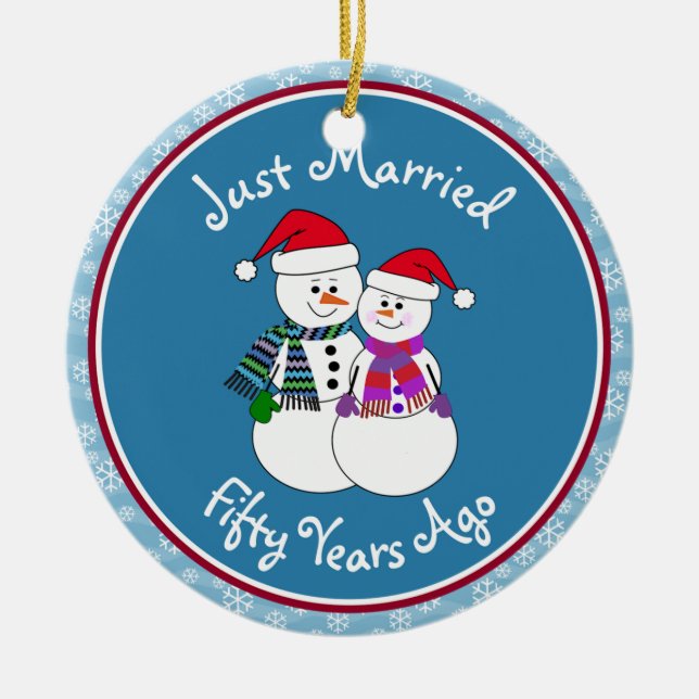 50th Anniversary Gift Fun Snow Couple Christmas Ceramic Tree Decoration (Front)