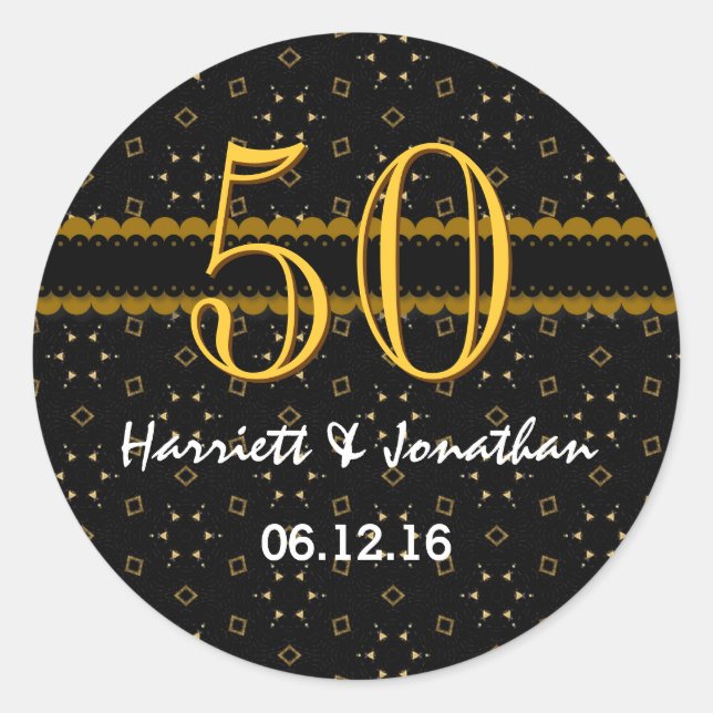 50th Anniversary Gold and Black Confetti V004D Classic Round Sticker (Front)