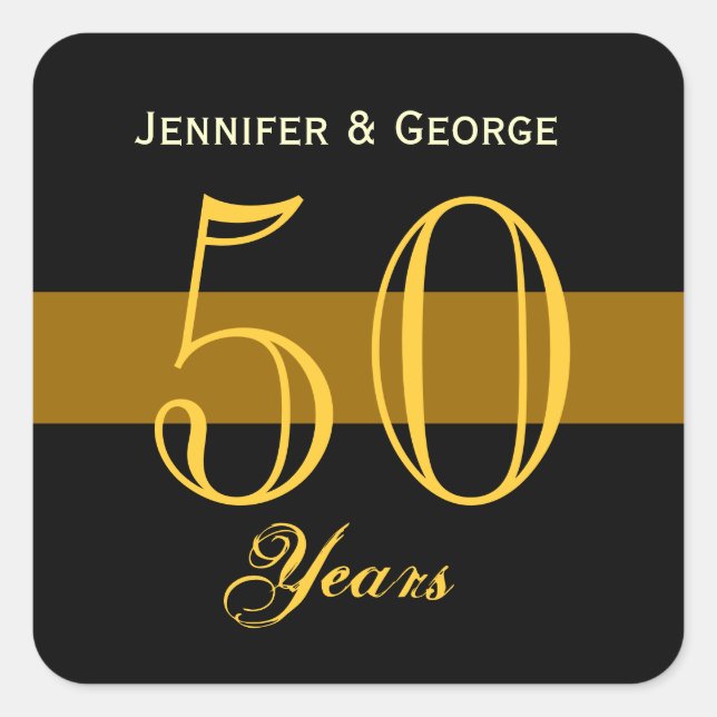 50th Anniversary Gold and Black Custom Name Square Sticker (Front)