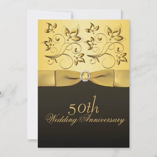 50th Anniversary Gold and Black Floral Jewelled Invitation (Front)