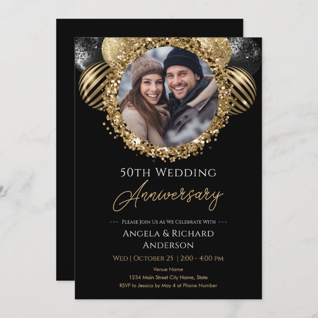 50th Anniversary Gold and Black Glitter Photo Invitation (Front/Back)