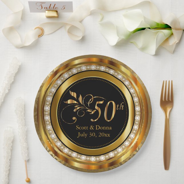 50th Anniversary - Gold and Diamonds Paper Plate (Wedding)