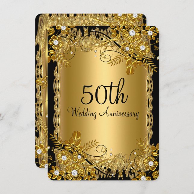 50th Anniversary Gold Black Diamond Floral Swirl Invitation (Front/Back)
