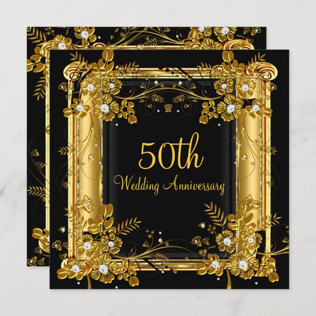 50th Anniversary Gold Black Diamond Floral Swirl Invitation (Front/Back)
