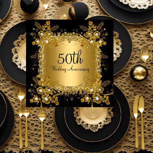 50th Anniversary Gold Black Diamond Floral Swirl Invitation