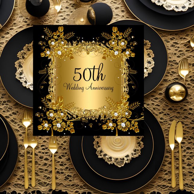 50th Anniversary Gold Black Diamond Floral Swirl Invitation (Creator Uploaded)