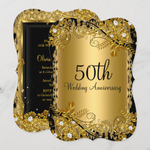 50th Anniversary Gold Black Diamond Floral Swirl Invitation