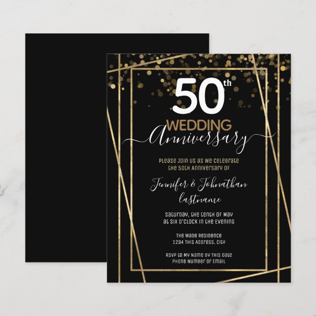 50th Anniversary Gold Border Budget Invitations (Front/Back)