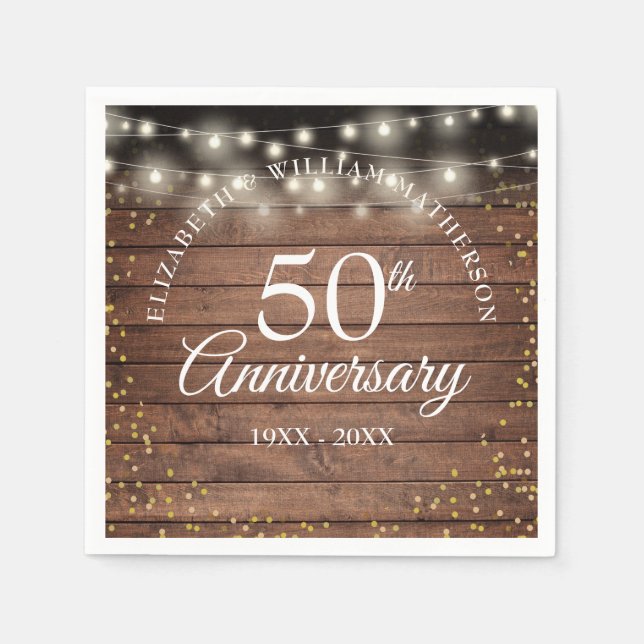 50th Anniversary Gold Dust Rustic String Lights Napkin (Front)