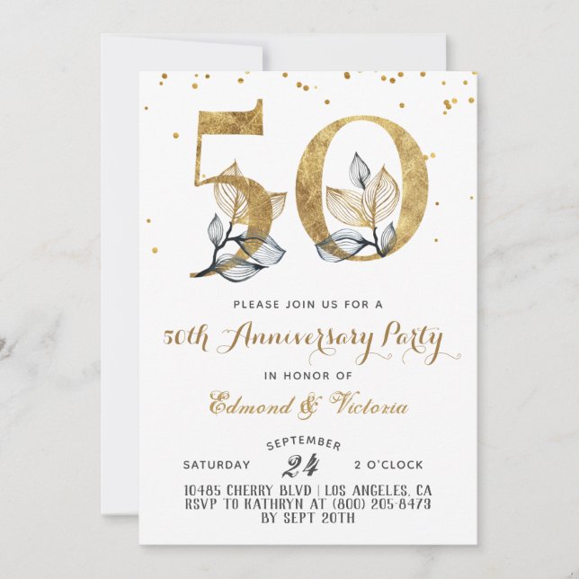 50th Anniversary Gold Floral Invitation (Front)