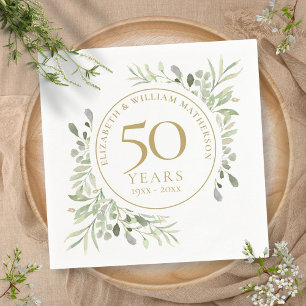 50th Anniversary Gold Greenery Leaves Watercolor Napkin