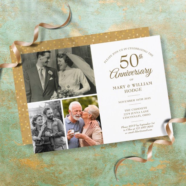 50th Anniversary Gold Heart Confetti 3 Photo Invitation (Creator Uploaded)