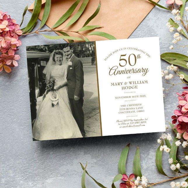 50th Anniversary Gold Heart Confetti Wedding Photo Invitation (Creator Uploaded)
