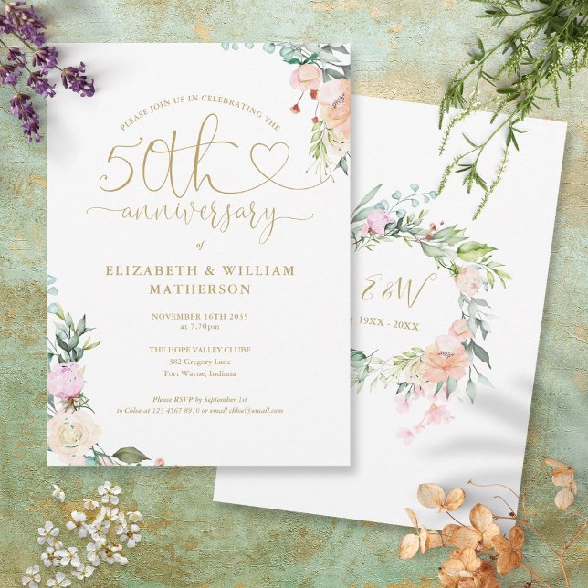 50th Anniversary Gold Heart Floral Monogram Invitation (Creator Uploaded)