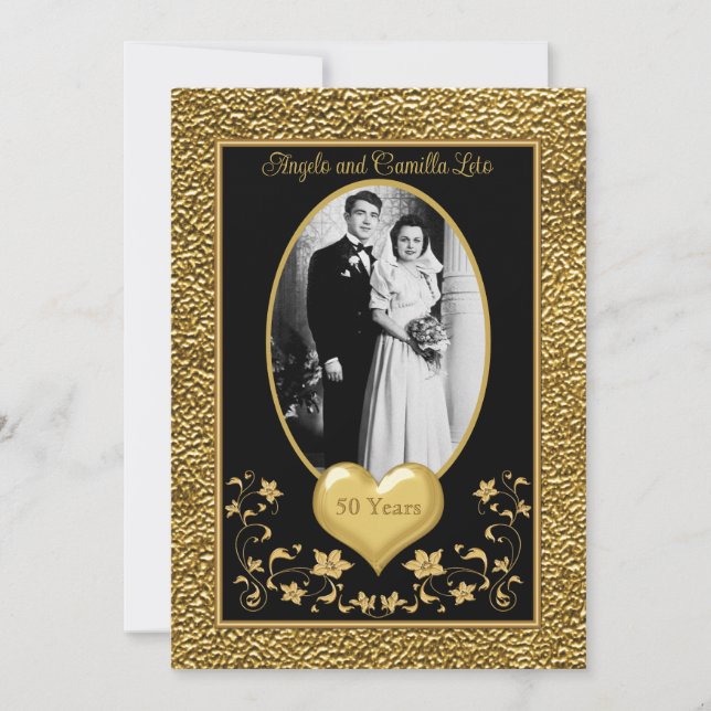 50th Anniversary, Gold Heart Invitation - Black (Front)