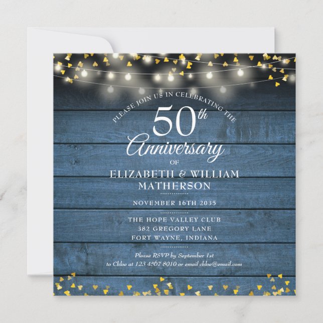 50th Anniversary Gold Hearts Blue Rustic Wood Invitation (Front)